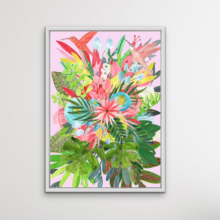 Garden Of Eden In Pink - Tropical Jungle Watercolour Print Stretched Canvas Wall Art - I Heart Wall Art
