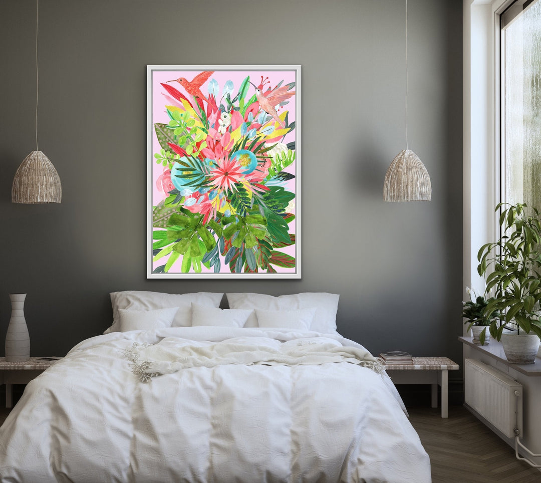 Garden Of Eden In Pink - Tropical Jungle Watercolour Print Stretched Canvas Wall Art - I Heart Wall Art