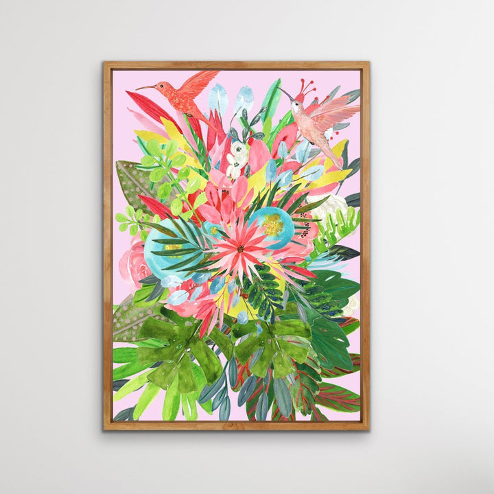 Garden Of Eden In Pink - Tropical Jungle Watercolour Print Stretched Canvas Wall Art - I Heart Wall Art