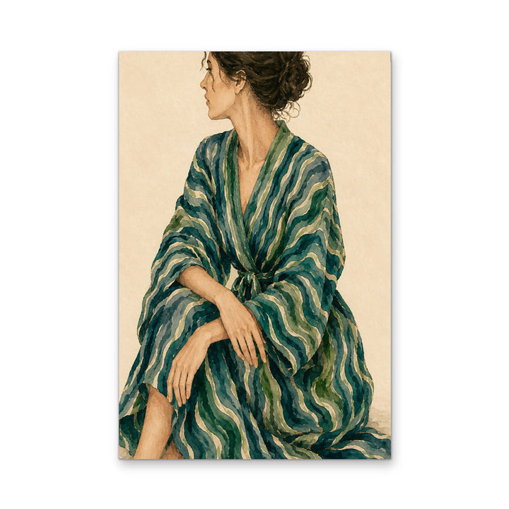 Gazing - Woman In Green Stripes Stretched Canvas Poster or Fine Art Print