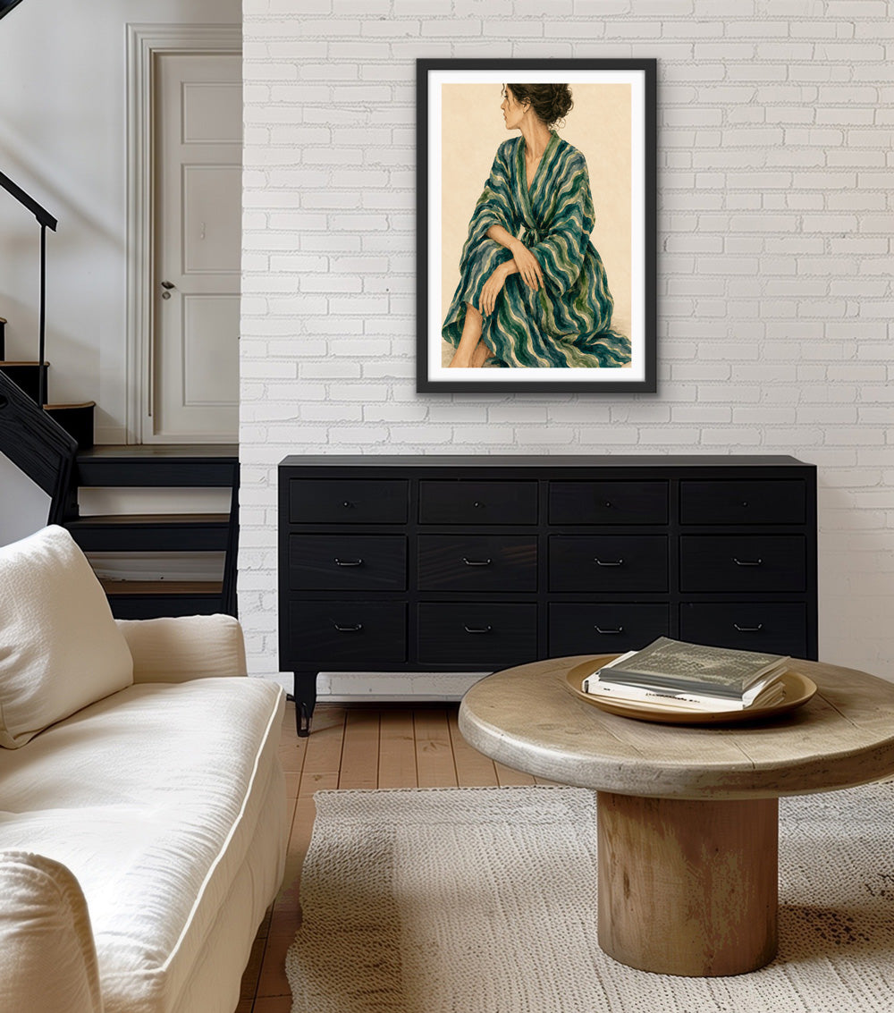 Gazing - Woman In Green Stripes Stretched Canvas Poster or Fine Art Print
