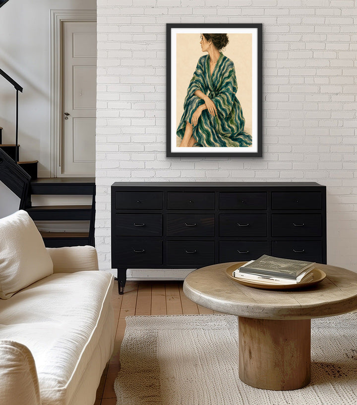 Gazing - Woman In Green Stripes Stretched Canvas Poster or Fine Art Print