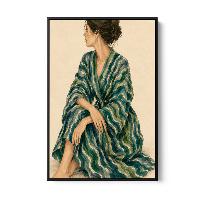 Gazing - Woman In Green Stripes Stretched Canvas Poster or Fine Art Print