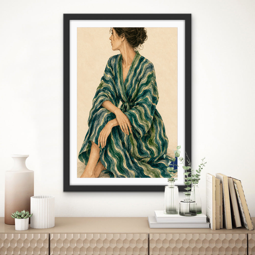 Gazing - Woman In Green Stripes Stretched Canvas Poster or Fine Art Print
