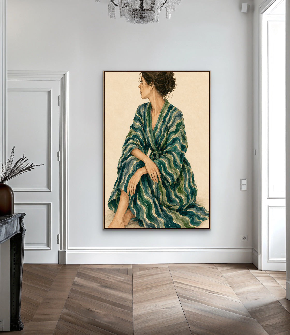 Gazing - Woman In Green Stripes Stretched Canvas Poster or Fine Art Print