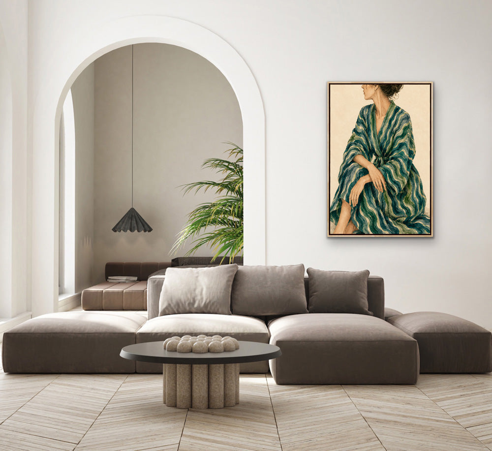 Gazing - Woman In Green Stripes Stretched Canvas Poster or Fine Art Print