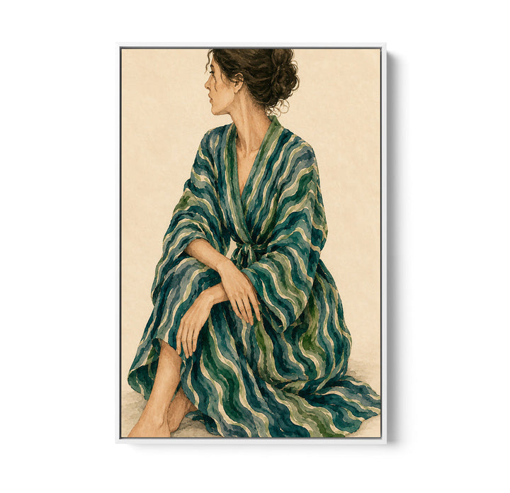 Gazing - Woman In Green Stripes Stretched Canvas Poster or Fine Art Print