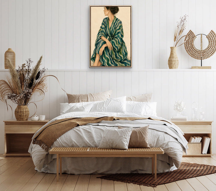 Gazing - Woman In Green Stripes Stretched Canvas Poster or Fine Art Print