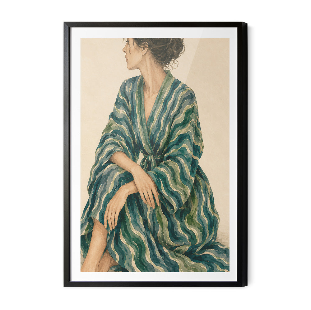 Gazing - Woman In Green Stripes Stretched Canvas Poster or Fine Art Print