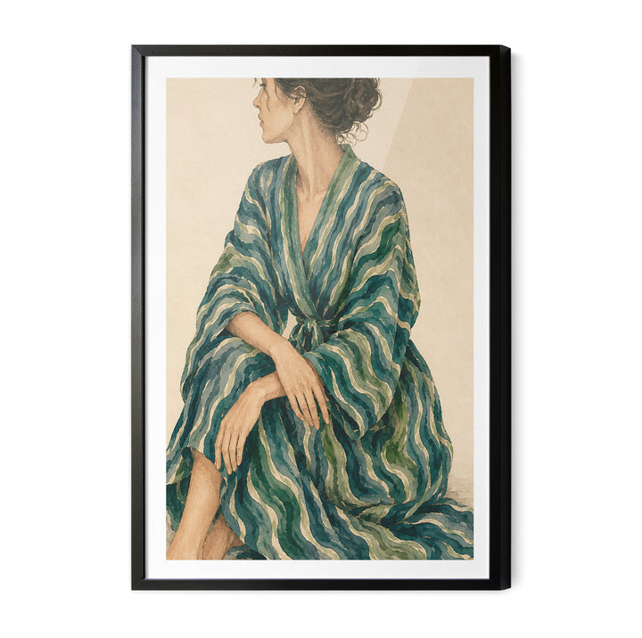 Gazing - Woman In Green Stripes Stretched Canvas Poster or Fine Art Print
