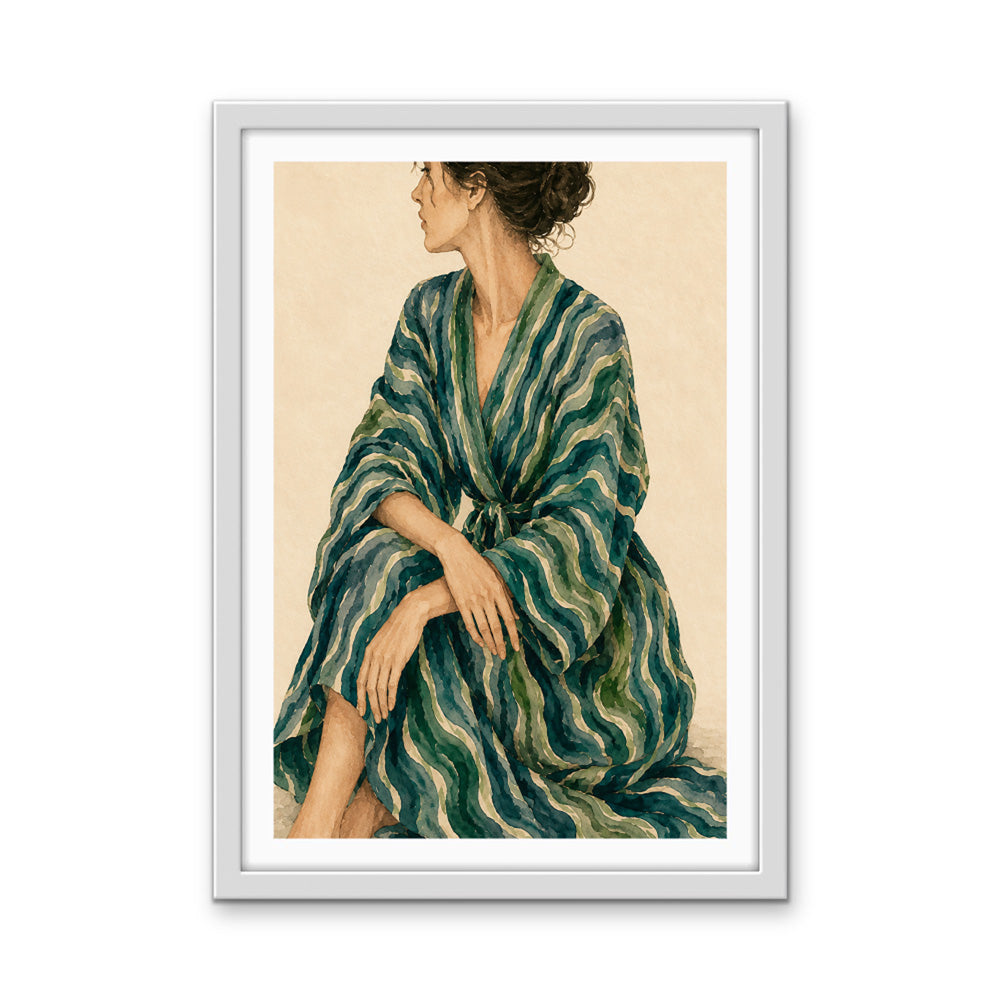 Gazing - Woman In Green Stripes Stretched Canvas Poster or Fine Art Print