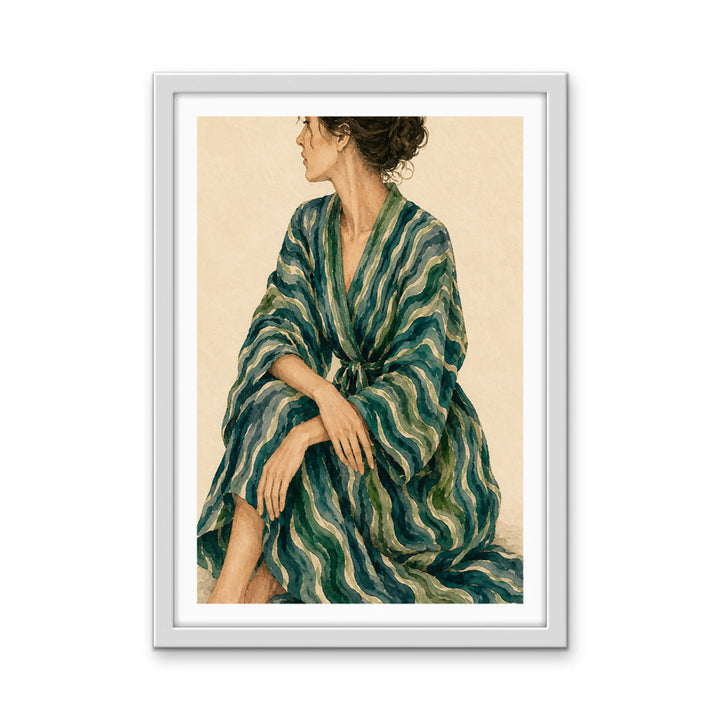 Gazing - Woman In Green Stripes Stretched Canvas Poster or Fine Art Print