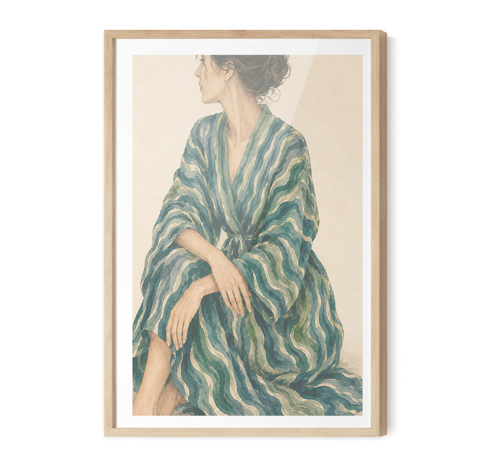 Gazing - Woman In Green Stripes Stretched Canvas Poster or Fine Art Print