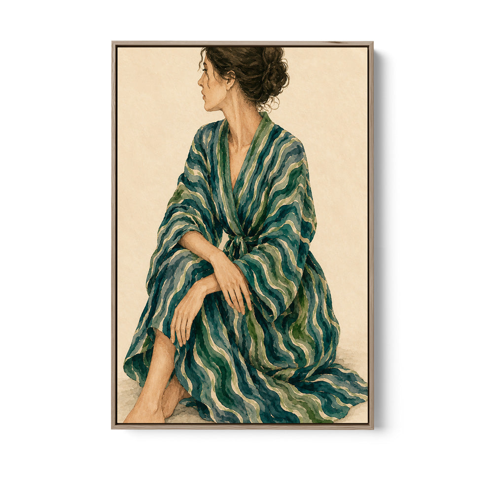 Gazing - Woman In Green Stripes Stretched Canvas Poster or Fine Art Print