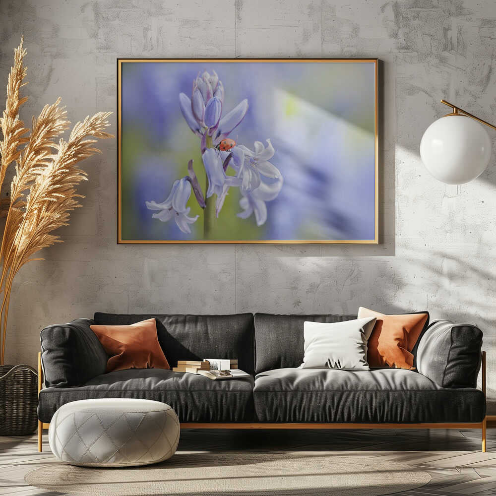 Gentle Bluebell Ladybug - Floral Photographic Stretched Canvas Poster or Fine Art Print