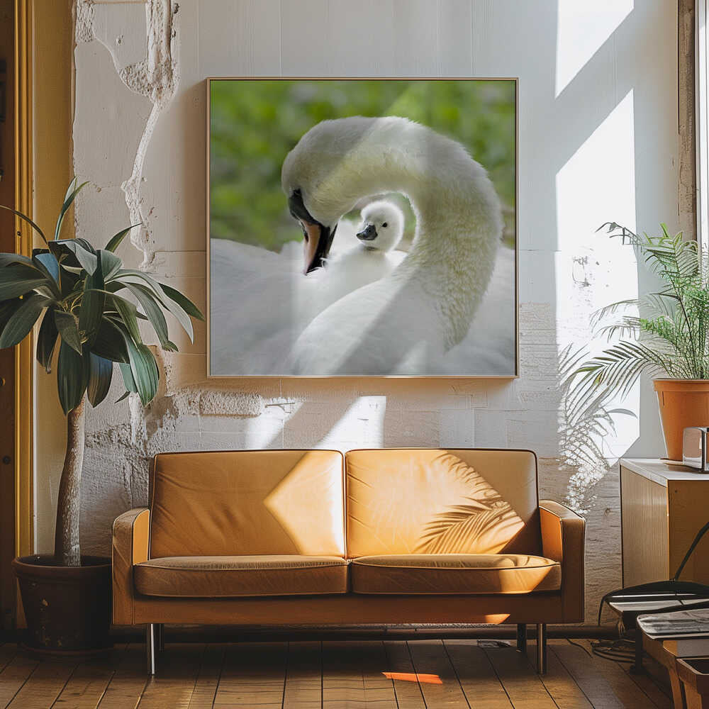 Gentle Swan and Cygnet - Square Stretched Canvas Poster or Fine Art Print