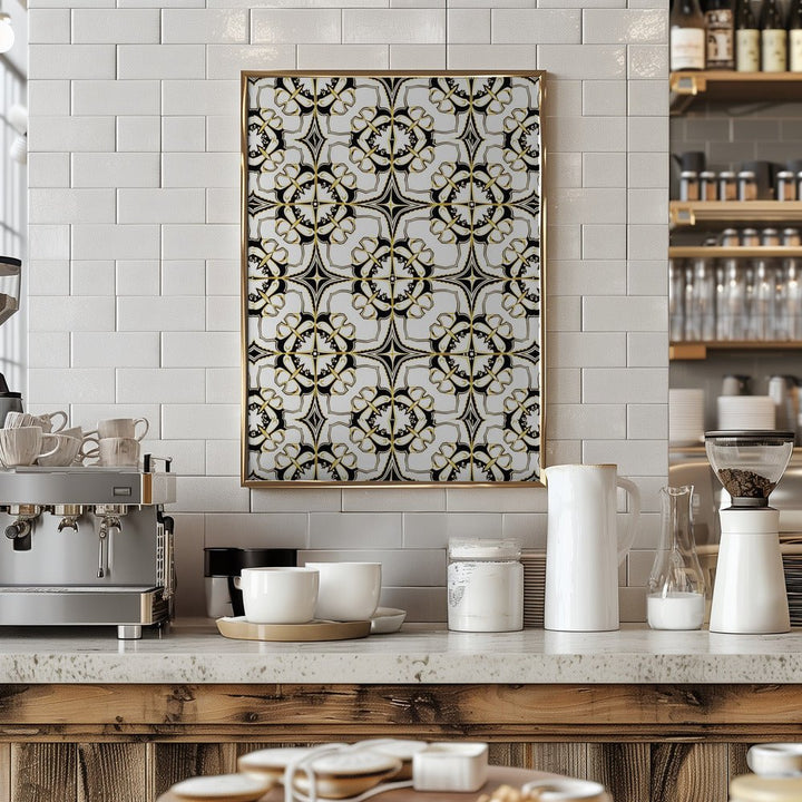 Geometric Pattern with Intricate Black and White Floral Motifs - Stretched Canvas, Poster or Fine Art Print - I Heart Wall Art - Poster Print, Canvas Print or Framed Art Print