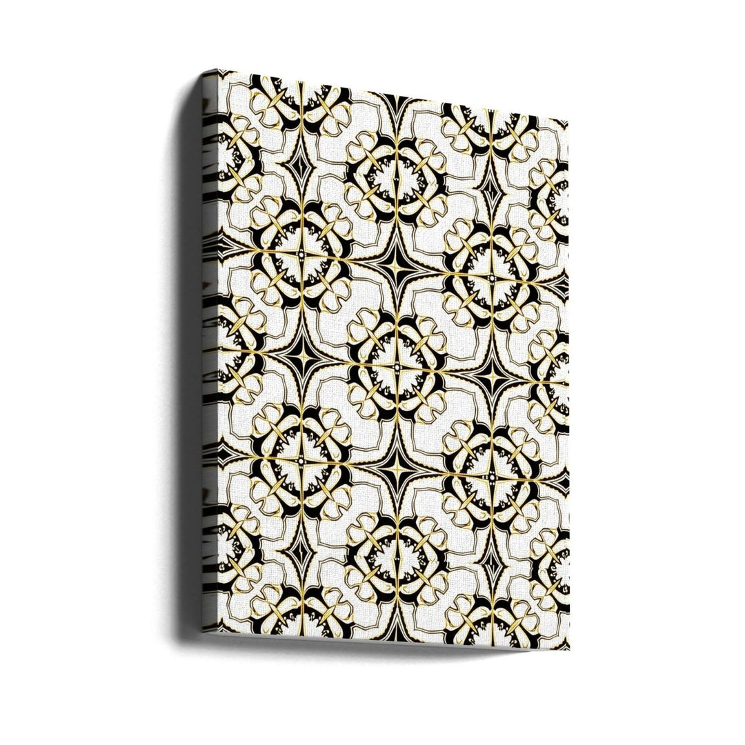 Geometric Pattern with Intricate Black and White Floral Motifs - Stretched Canvas, Poster or Fine Art Print - I Heart Wall Art - Poster Print, Canvas Print or Framed Art Print