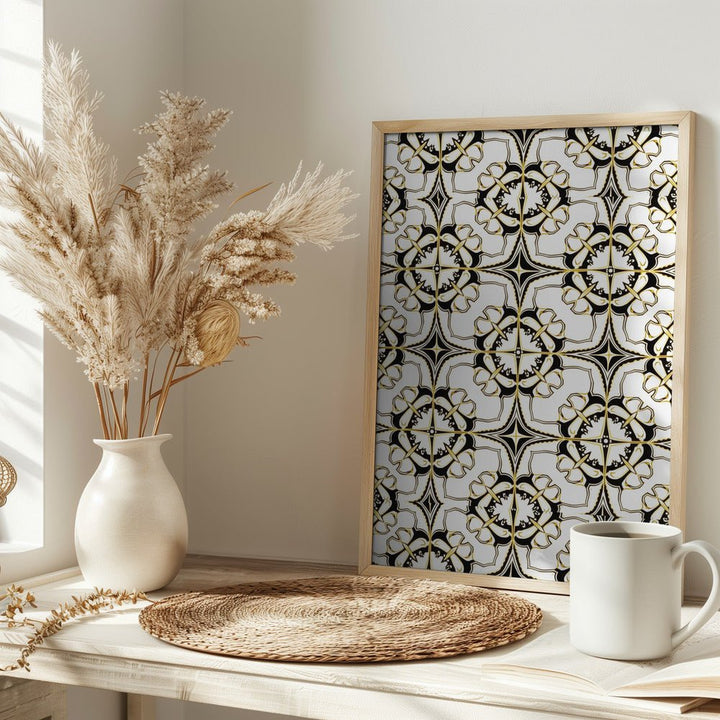 Geometric Pattern with Intricate Black and White Floral Motifs - Stretched Canvas, Poster or Fine Art Print - I Heart Wall Art - Poster Print, Canvas Print or Framed Art Print