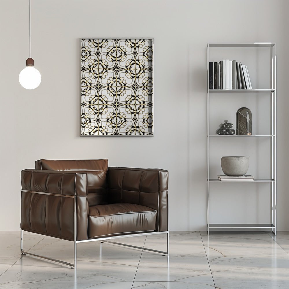 Geometric Pattern with Intricate Black and White Floral Motifs - Stretched Canvas, Poster or Fine Art Print - I Heart Wall Art - Poster Print, Canvas Print or Framed Art Print