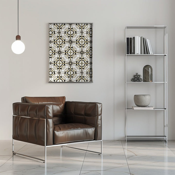 Geometric Pattern with Intricate Black and White Floral Motifs - Stretched Canvas, Poster or Fine Art Print - I Heart Wall Art - Poster Print, Canvas Print or Framed Art Print