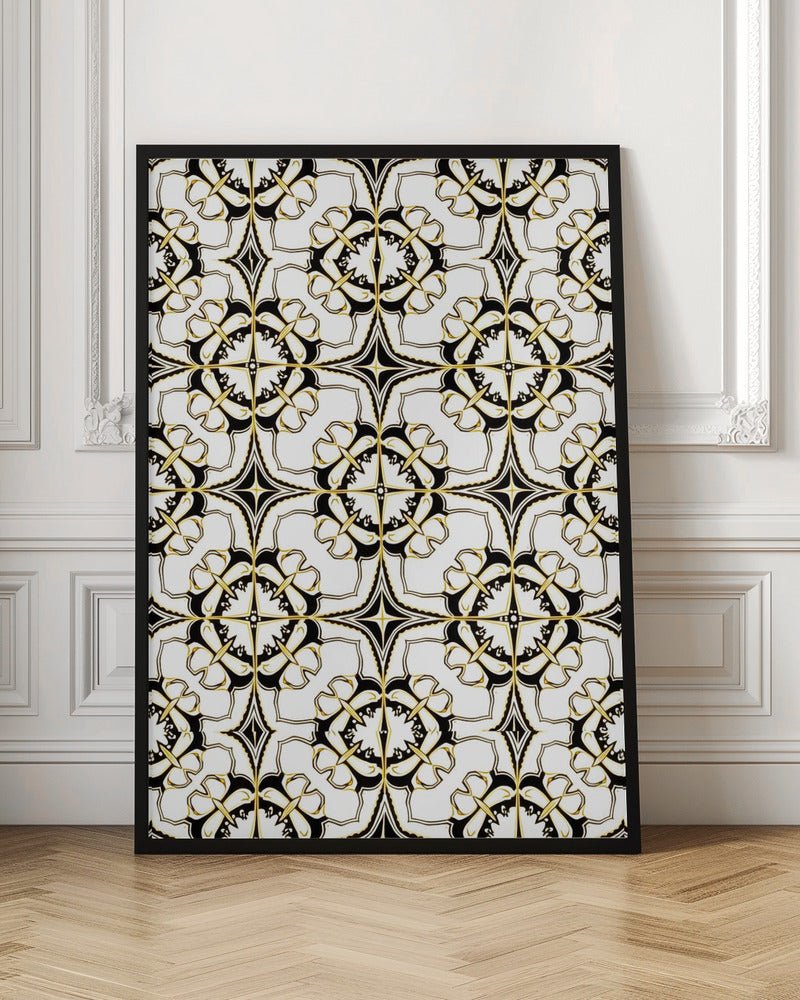 Geometric Pattern with Intricate Black and White Floral Motifs - Stretched Canvas, Poster or Fine Art Print - I Heart Wall Art - Poster Print, Canvas Print or Framed Art Print