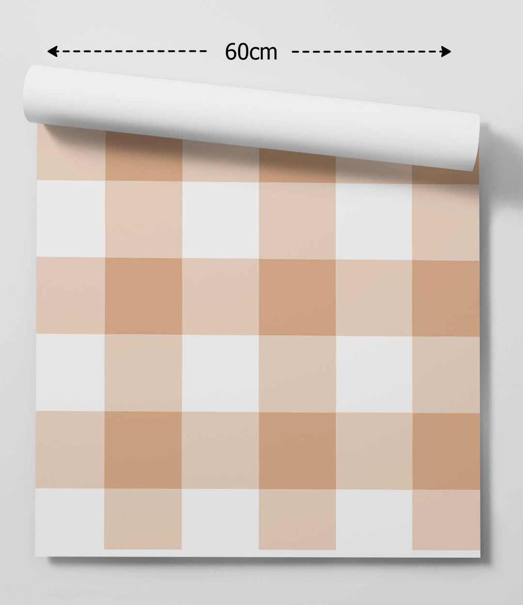 A 60cm wide roll of gingham wallpaper in earth beige and white tartan pattern removable or permanent use