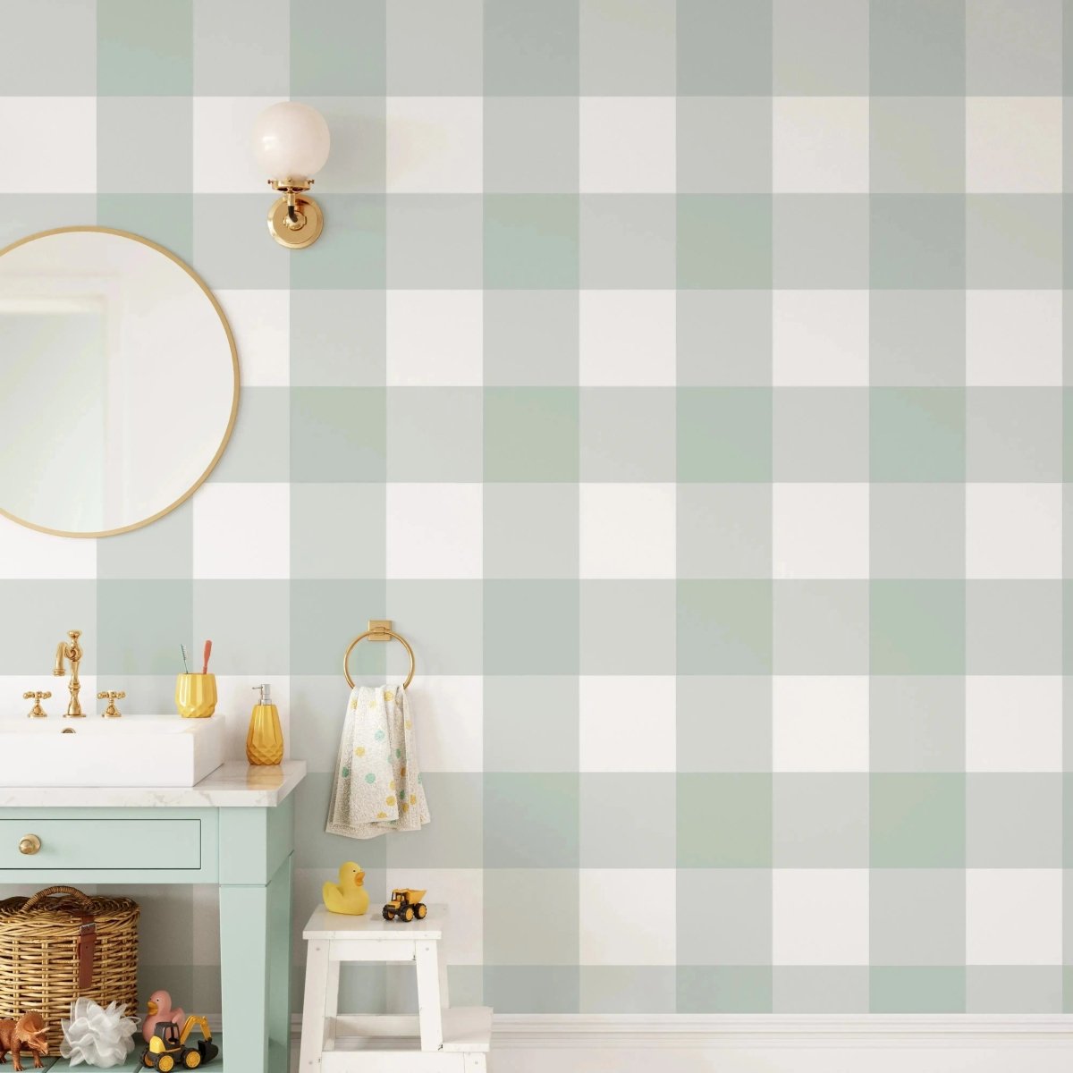 Gingham Wallpaper In 'Fresh Linen' - Blue/Green Tartan/Plaid Wallpaper - Removable or Permanent Wallpaper - I Heart Wall Art - Poster Print, Canvas Print or Framed Art Print