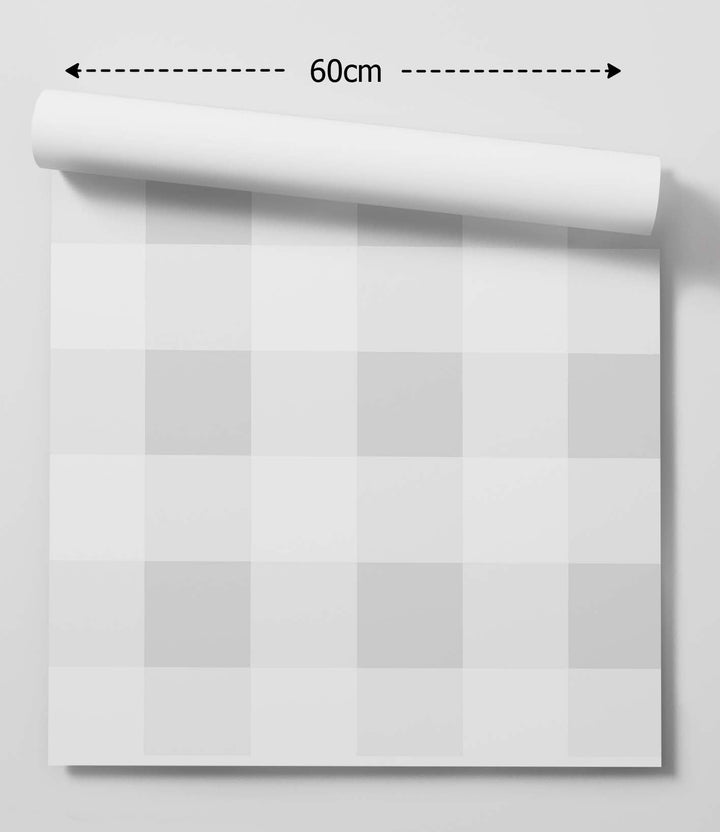 A rolled-up 60cm wide gingham wallpaper in silver dollar with white and light gray checkered minimalist design