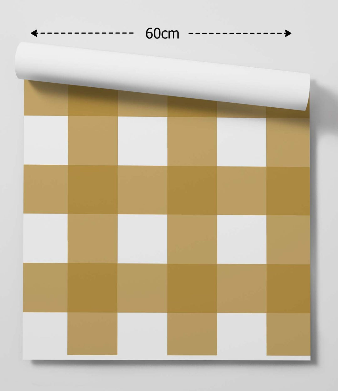 A roll of 60cm wide gold and white gingham wallpaper suitable for removable or permanent use