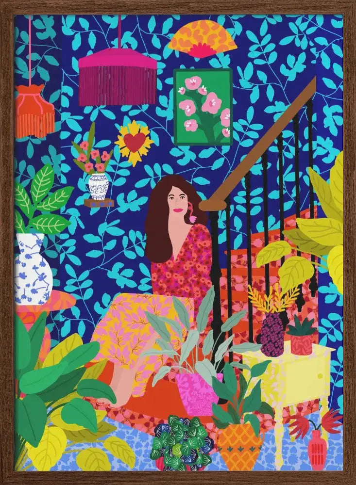 A vibrant stretched canvas print of a woman in a floral dress surrounded by lush plants and colorful decor
