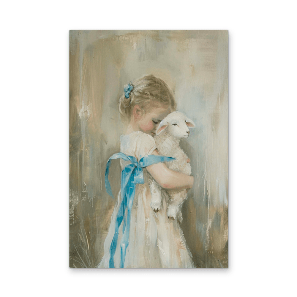 Girl & The Little Lamb - Vintage Girl, Stretched Canvas or Wall Art Print - I Heart Wall Art - Poster Print, Canvas Print or Framed Art Print