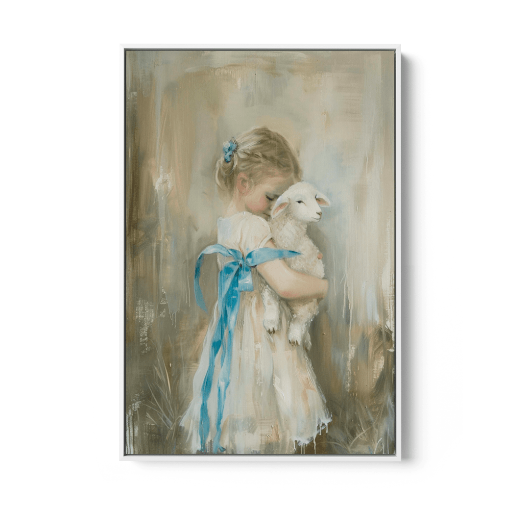 Girl &amp; The Little Lamb - Vintage Girl, Stretched Canvas or Wall Art Print - I Heart Wall Art - Poster Print, Canvas Print or Framed Art Print
