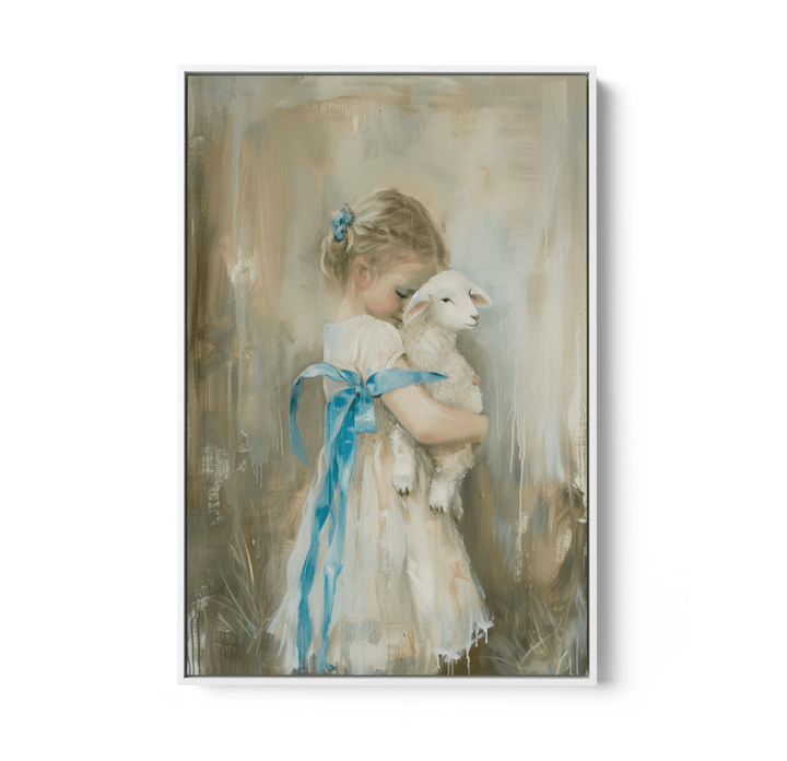 Girl &amp; The Little Lamb - Vintage Girl, Stretched Canvas or Wall Art Print - I Heart Wall Art - Poster Print, Canvas Print or Framed Art Print