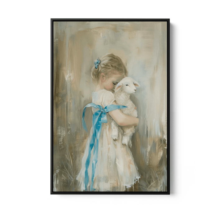 Girl &amp; The Little Lamb - Vintage Girl, Stretched Canvas or Wall Art Print - I Heart Wall Art - Poster Print, Canvas Print or Framed Art Print