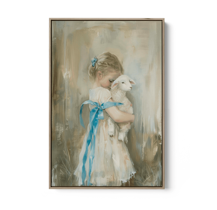 Girl &amp; The Little Lamb - Vintage Girl, Stretched Canvas or Wall Art Print - I Heart Wall Art - Poster Print, Canvas Print or Framed Art Print