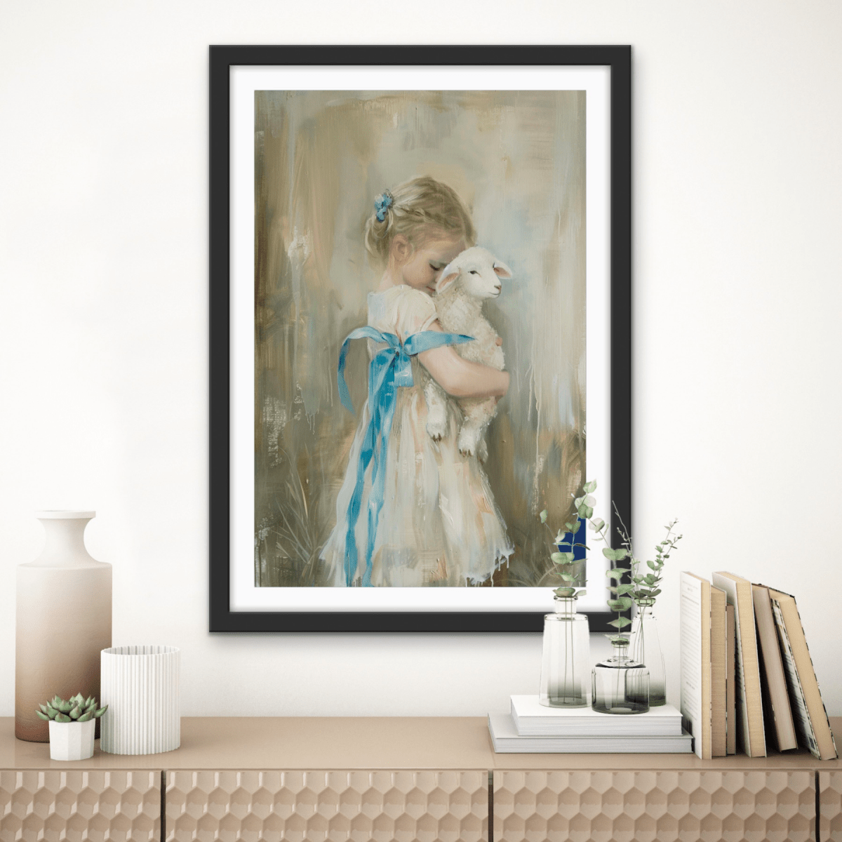 Girl & The Little Lamb - Vintage Girl, Stretched Canvas or Wall Art Print - I Heart Wall Art - Poster Print, Canvas Print or Framed Art Print