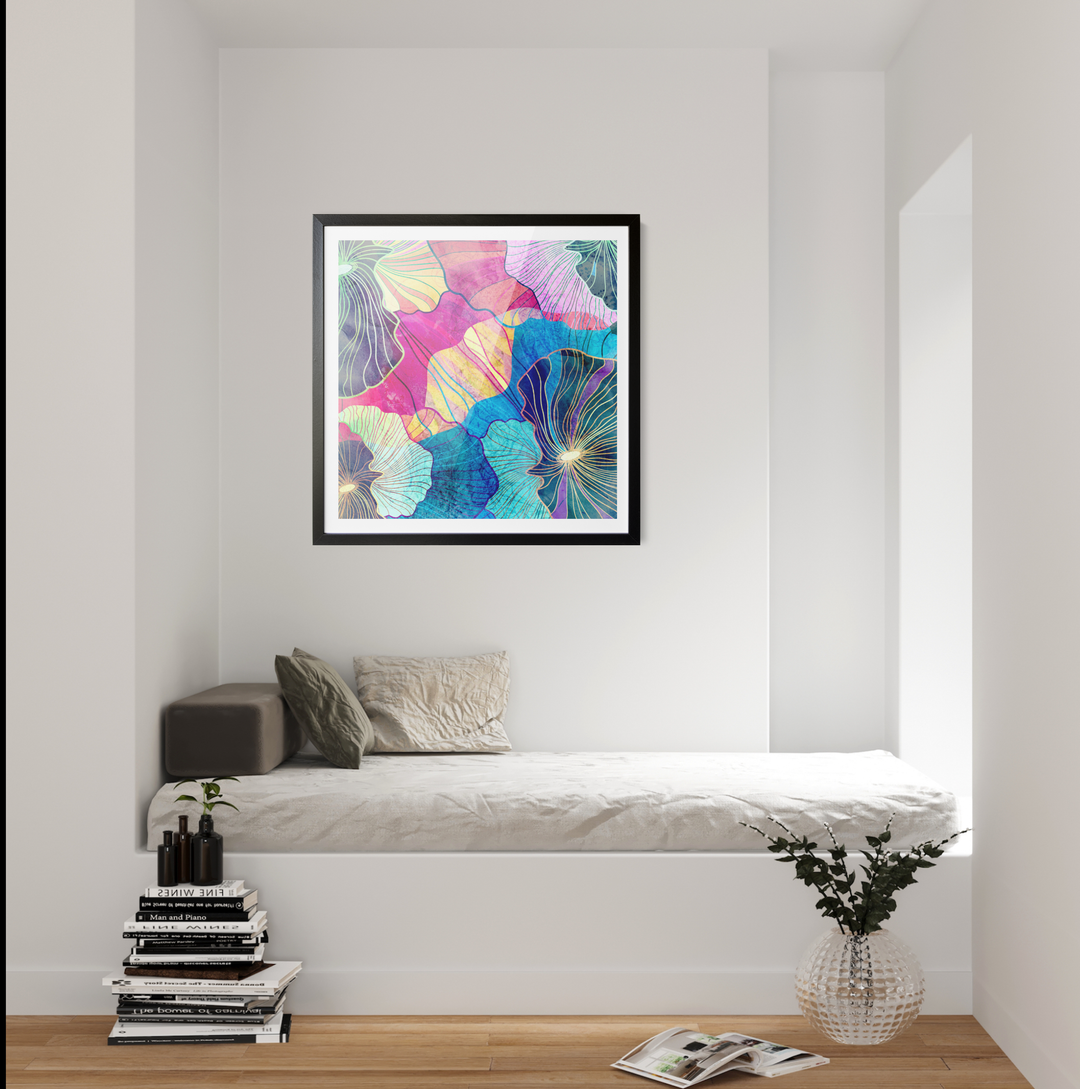 Glee pink and blue abstract canvas wall art print with swirling pink, blue, teal, and yellow patterns in a black frame