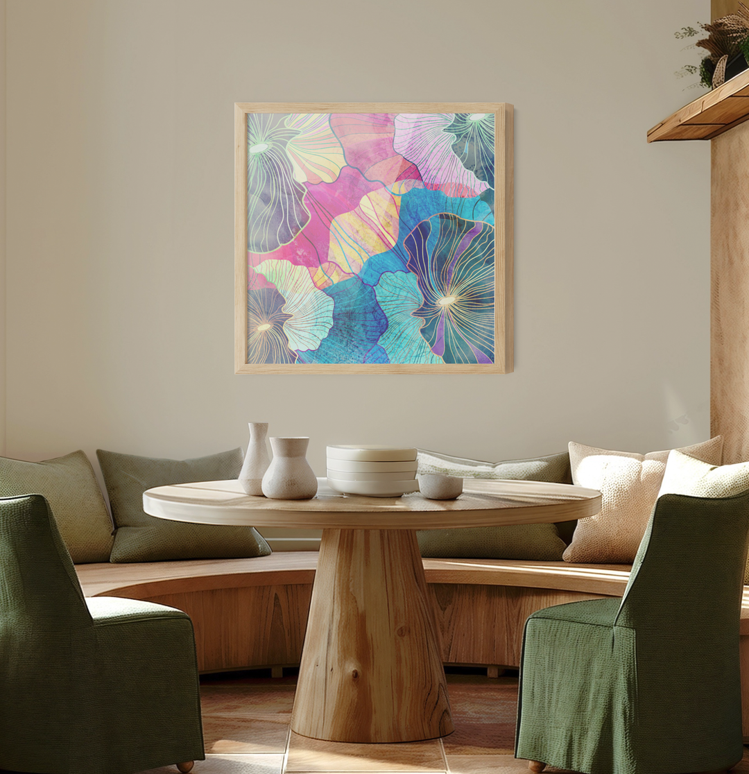 A vibrant pink and blue abstract floral canvas wall art print in a light wooden frame with swirling patterns and delicate lines