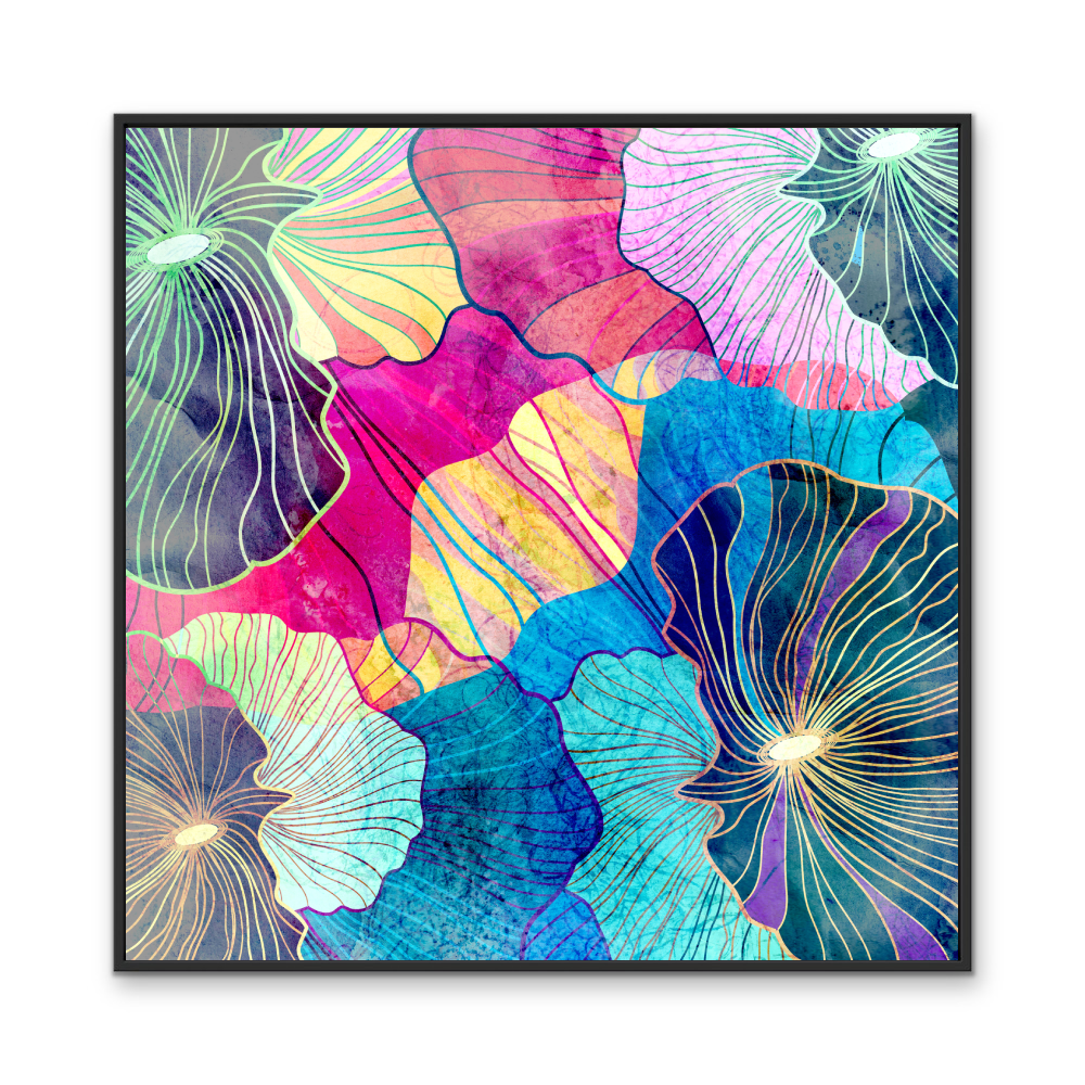 Glee pink and blue abstract canvas wall art print featuring vibrant floral watercolor washes and gold line detailing in black frame
