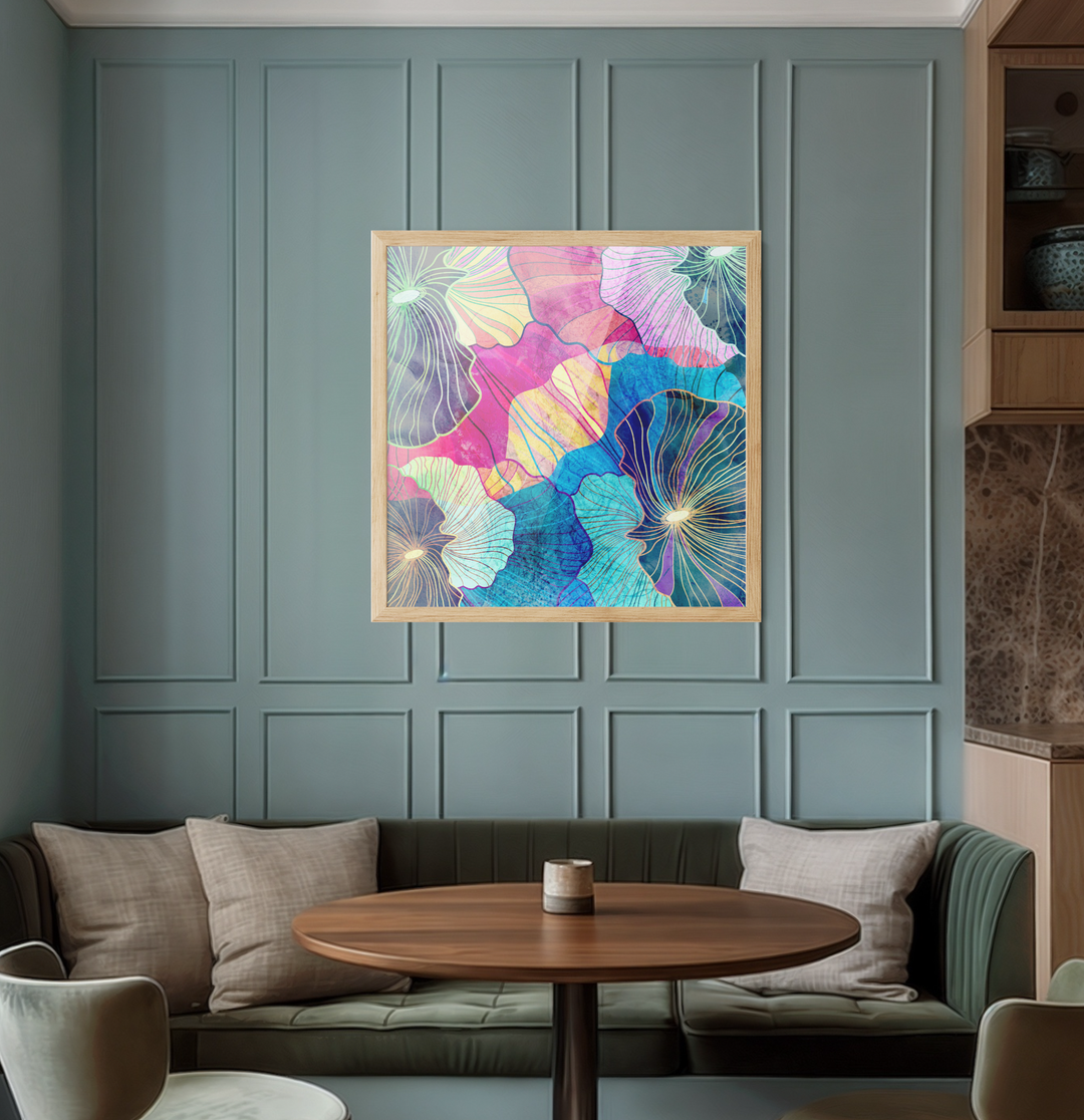A vibrant abstract floral canvas wall art print in pink blue teal and yellow in a light wooden frame titled Glee