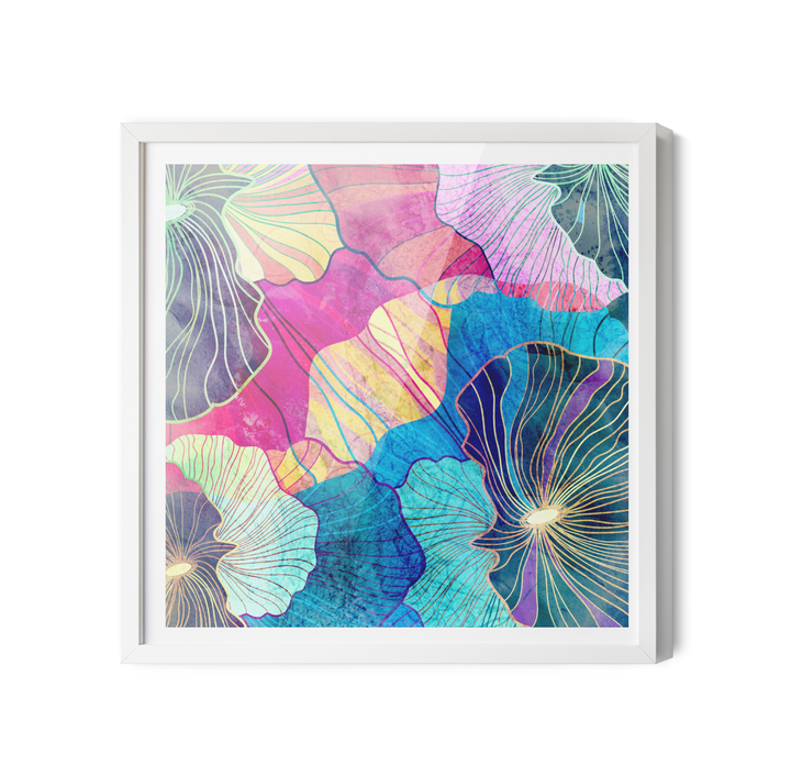 Glee pink and blue abstract canvas wall art print with vibrant floral swirls in gold accented white frame