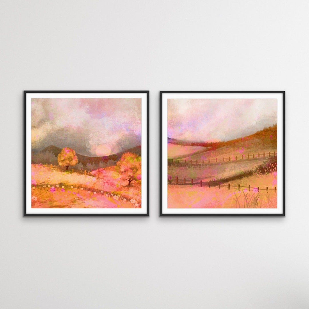 Glowing Lands - Two Piece Orange Square Abstract Print Set - I Heart Wall Art