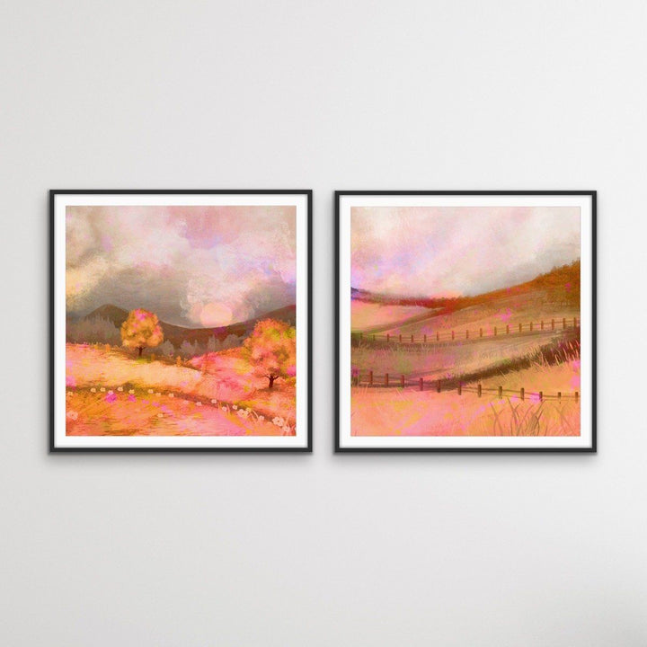 Glowing Lands - Two Piece Orange Square Abstract Print Set - I Heart Wall Art