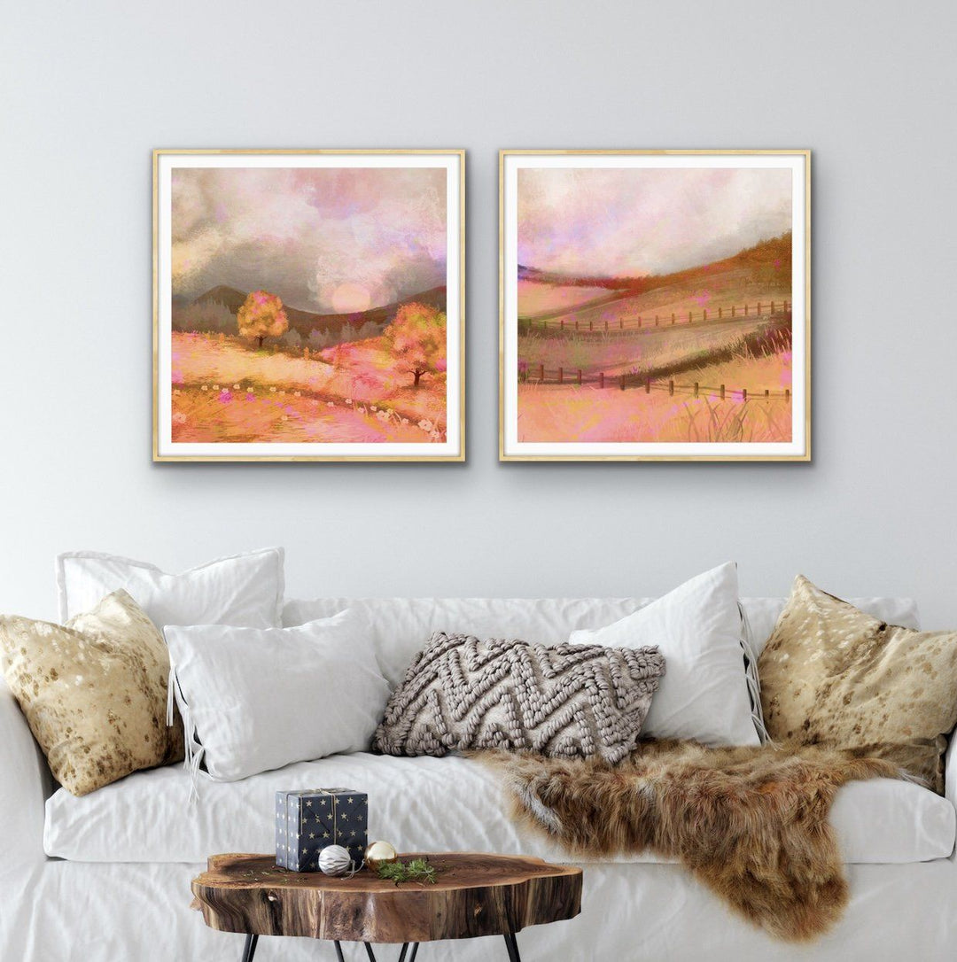 Glowing Lands - Two Piece Orange Square Abstract Print Set - I Heart Wall Art