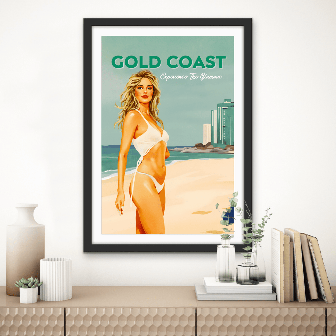 Gold Coast Vintage Girl 1 - Travel Print on Paper Or Canvas - I Heart Wall Art - Poster Print, Canvas Print or Framed Art Print
