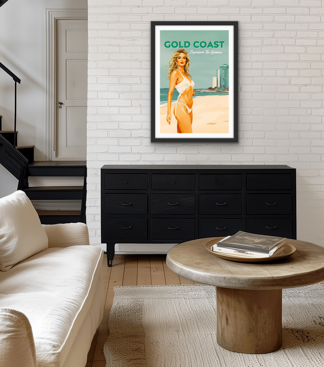 Gold Coast Vintage Girl 1 - Travel Print on Paper Or Canvas - I Heart Wall Art - Poster Print, Canvas Print or Framed Art Print