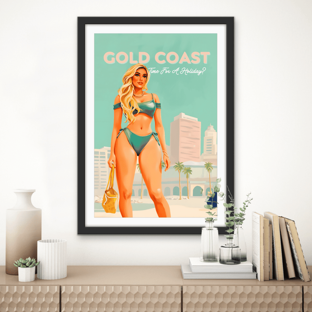Gold Coast Vintage Girl 2 - Travel Print on Paper Or Canvas - I Heart Wall Art - Poster Print, Canvas Print or Framed Art Print