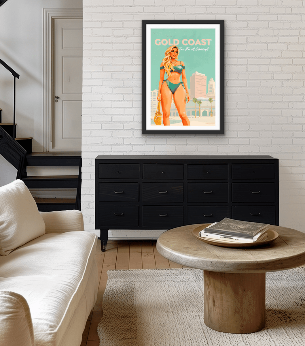 Gold Coast Vintage Girl 2 - Travel Print on Paper Or Canvas - I Heart Wall Art - Poster Print, Canvas Print or Framed Art Print