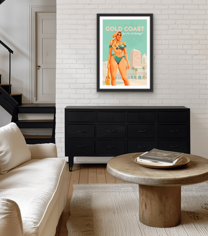Gold Coast Vintage Girl 2 - Travel Print on Paper Or Canvas - I Heart Wall Art - Poster Print, Canvas Print or Framed Art Print